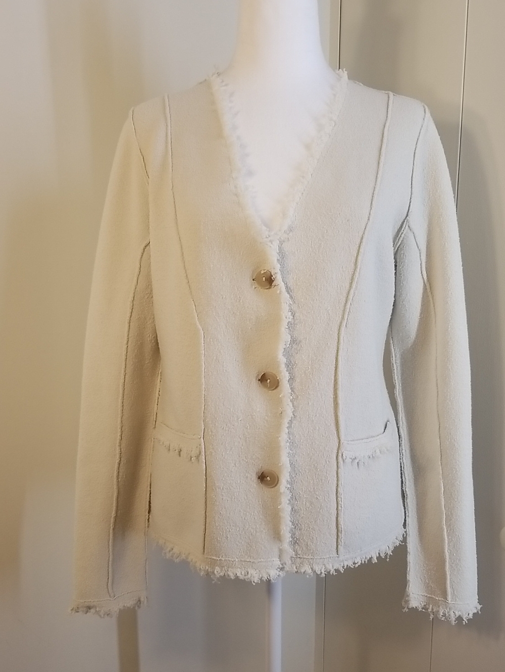 Joie Cream Raw Edge Fringe -Trim Button Front Jacket